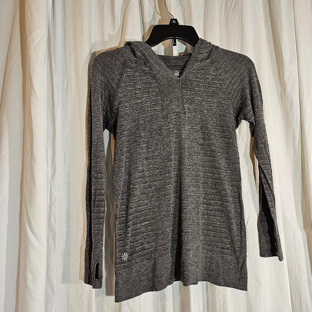 Athleta M base layer hoodie pullover gray thumb holes long sleeve super thin